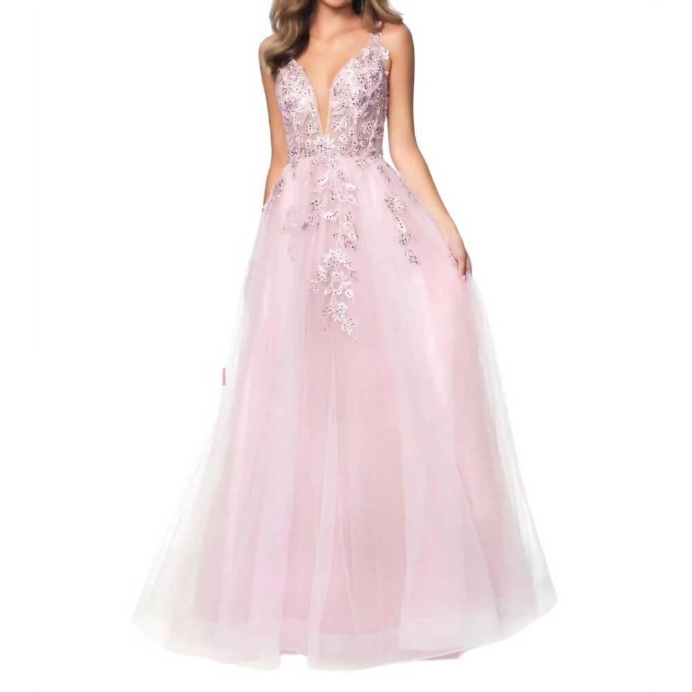 NEW BLUSH PROM beaded lace appliqued tulle deep v-neck gown in rose pink